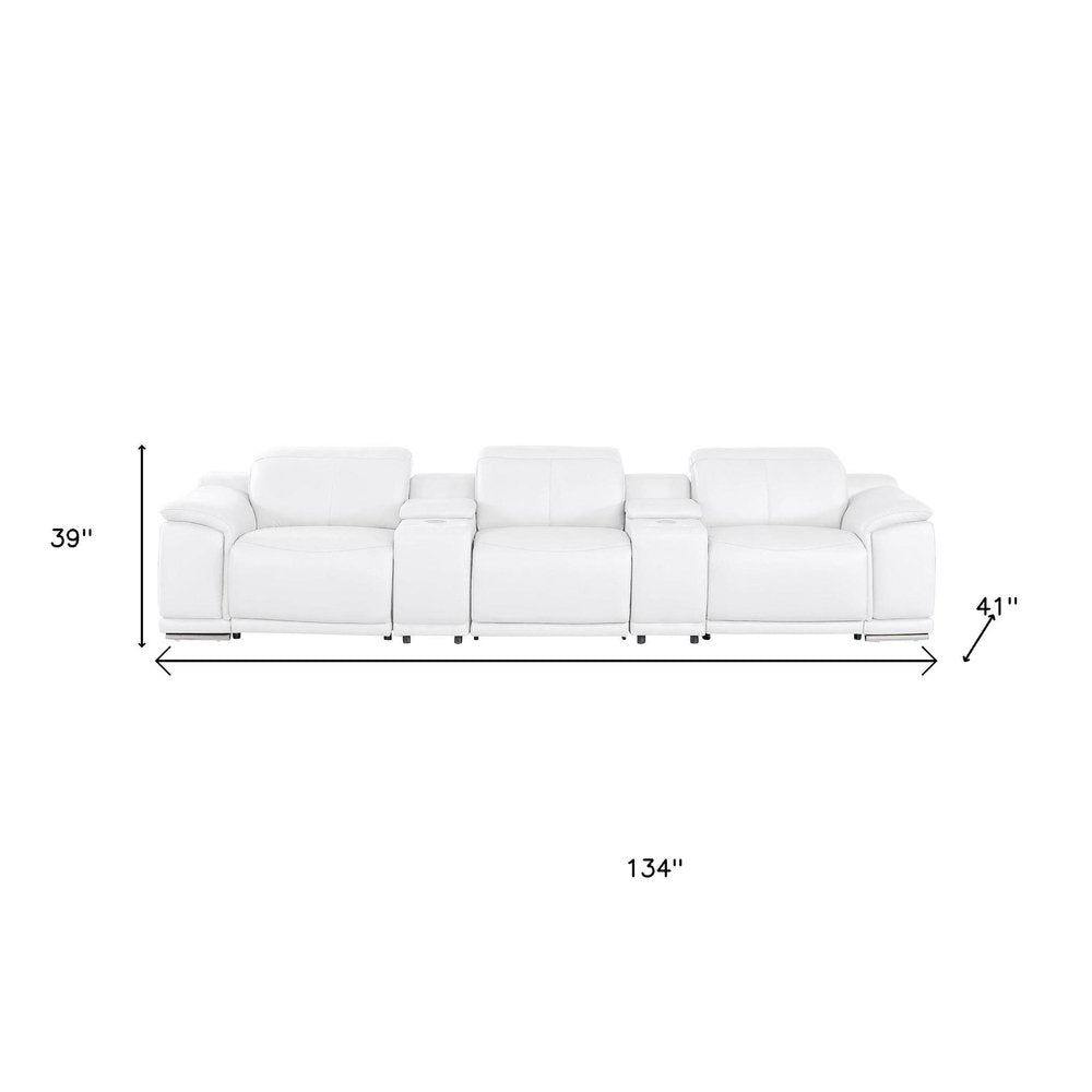 134" White Top Grain Leather Reclining USB Sofa And Storage