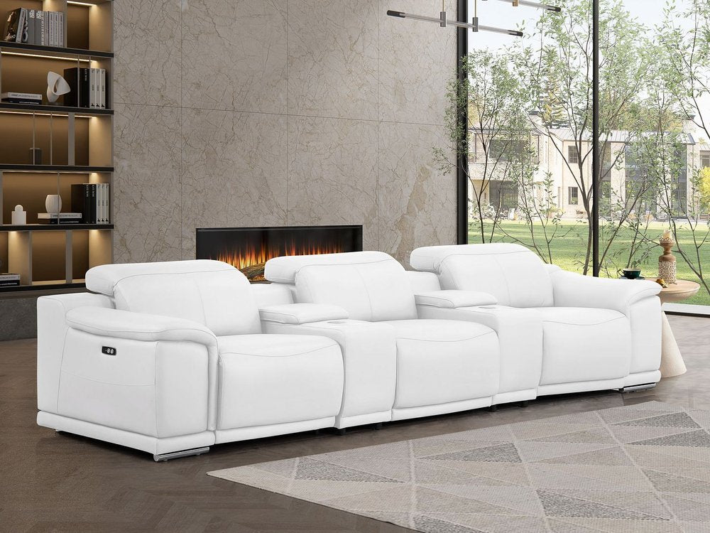 134" White Top Grain Leather Reclining USB Sofa And Storage