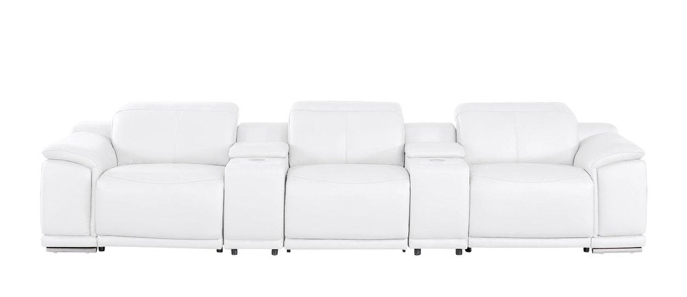 134" White Top Grain Leather Reclining USB Sofa And Storage