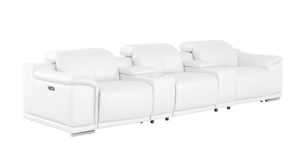 134" White Top Grain Leather Reclining USB Sofa And Storage