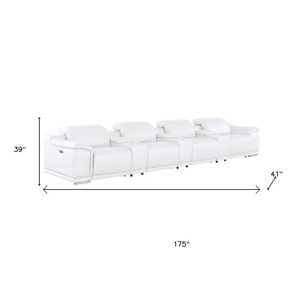 175" White Top Grain Leather Reclining USB Sofa And Storage