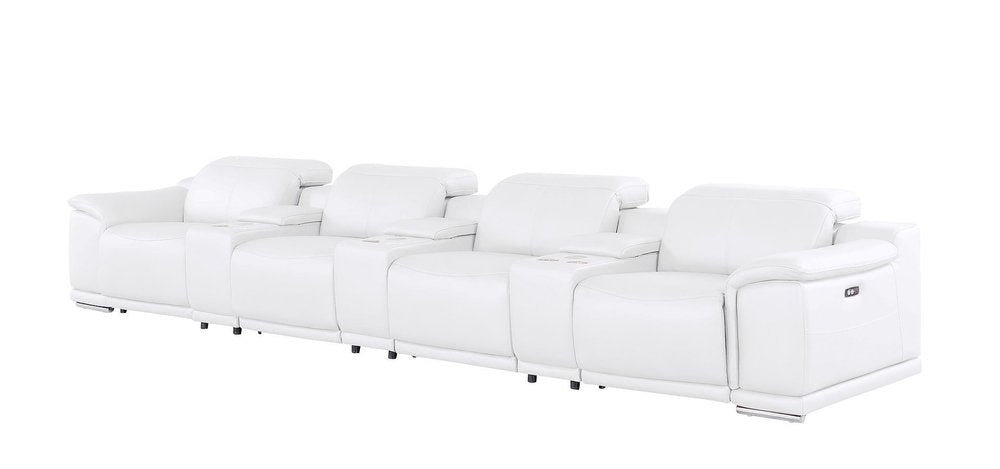 175" White Top Grain Leather Reclining USB Sofa And Storage