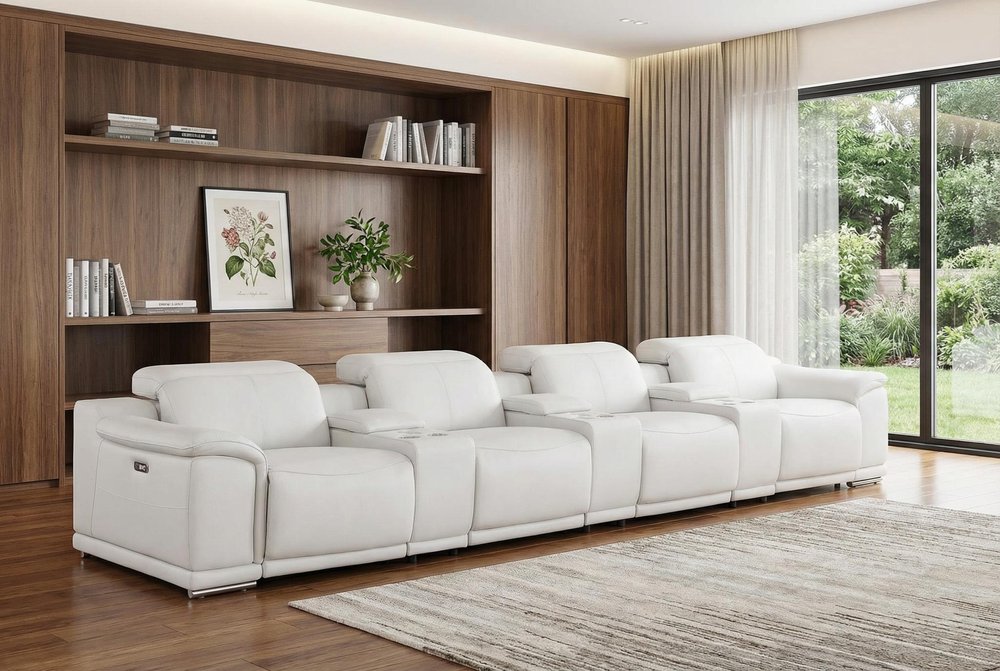 175" White Top Grain Leather Reclining USB Sofa And Storage