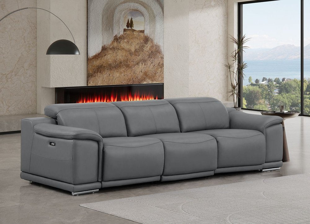 107" Beige Top Grain Leather Reclining USB Sofa