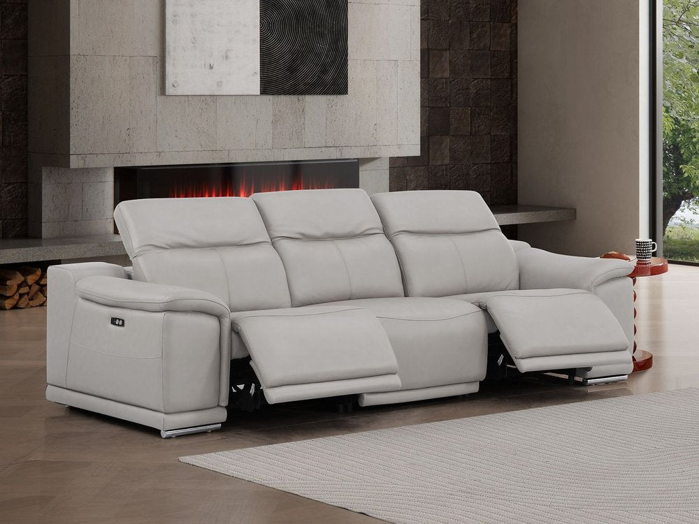 107" Beige Top Grain Leather Reclining USB Sofa