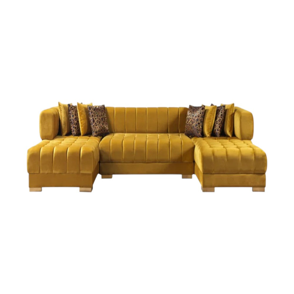 Mustard Velvet U Shaped Three Piece Sofa and Chaise Sectional With Toss Pillows