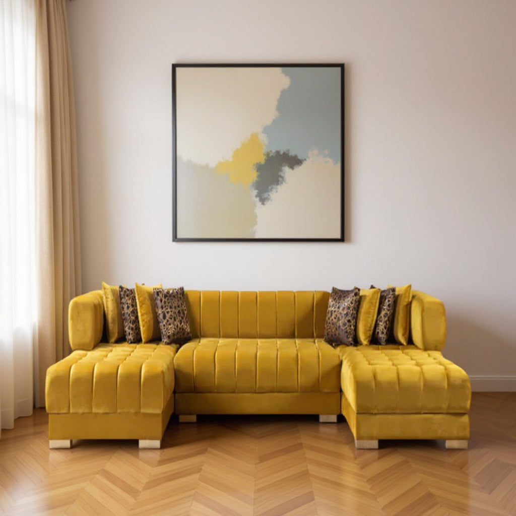 Mustard Velvet U Shaped Three Piece Sofa and Chaise Sectional With Toss Pillows