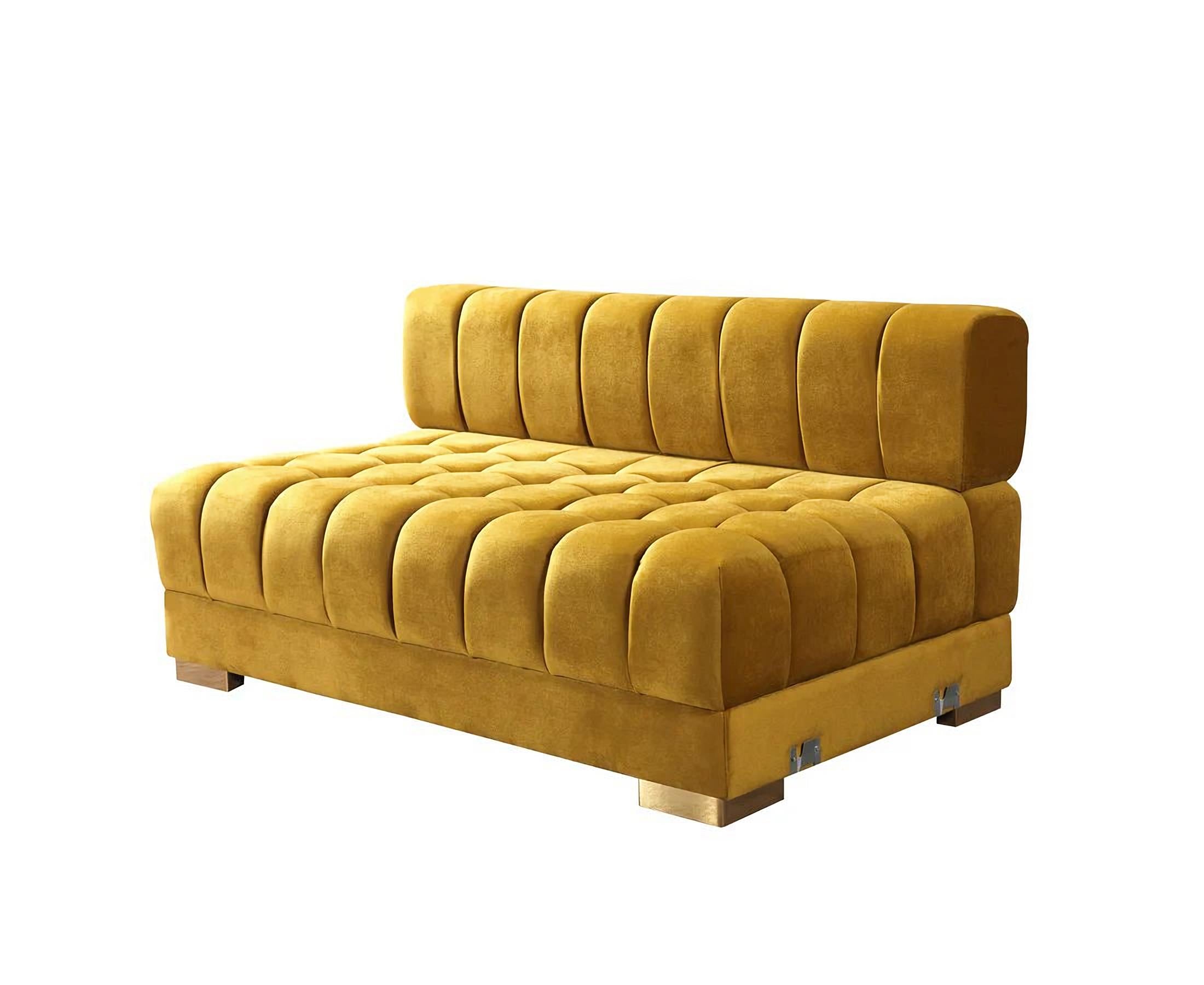 Mustard Velvet U Shaped Three Piece Sofa and Chaise Sectional With Toss Pillows