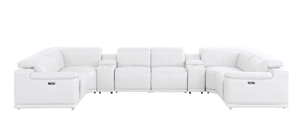 White Leather Modular U Shaped Eight Piece Corner Sectional With Console