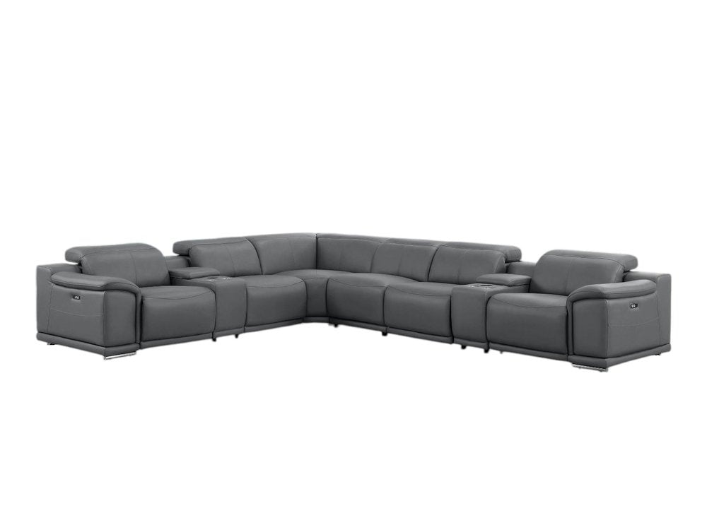 Ash Gray Leather Modular L Shaped Eight Piece Corner Sectional With Console