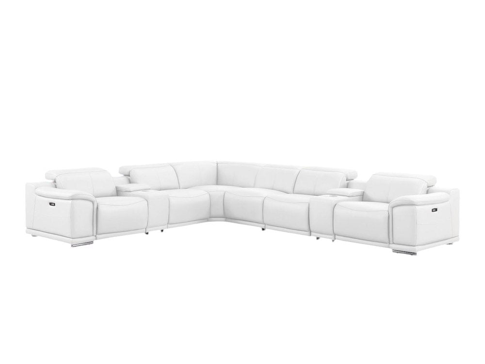 White Leather Modular L Shaped Eight Piece Corner Sectional With Console