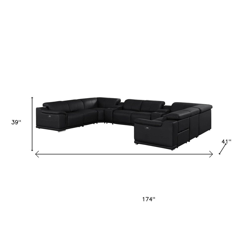 Battleship Gray Leather Modular U Shaped Ten Piece Corner Sectional With Console