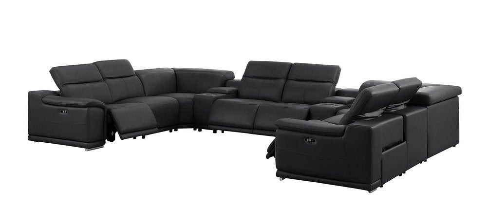 Battleship Gray Leather Modular U Shaped Ten Piece Corner Sectional With Console