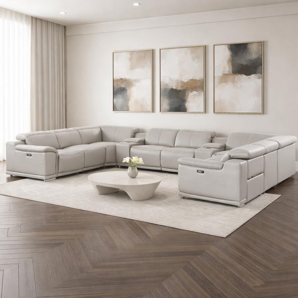 Ash Gray Leather Modular U Shaped Ten Piece Corner Sectional With Console