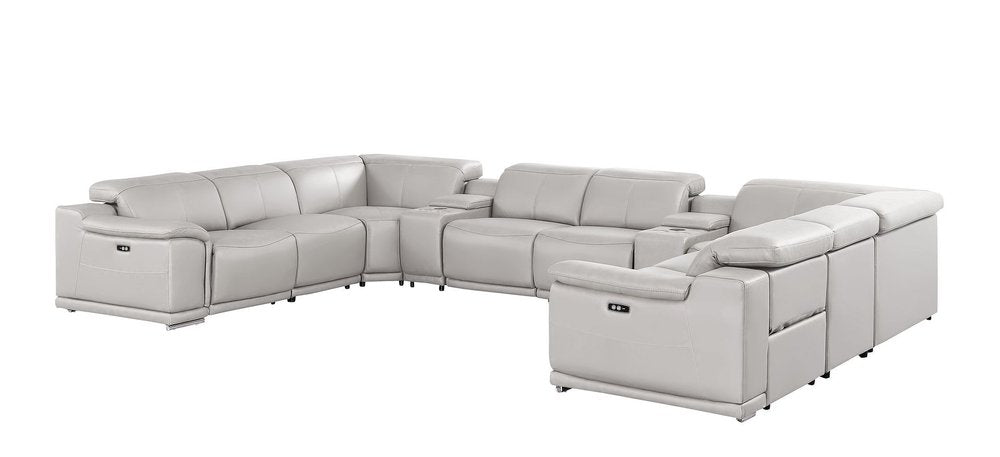 Ash Gray Leather Modular U Shaped Ten Piece Corner Sectional With Console