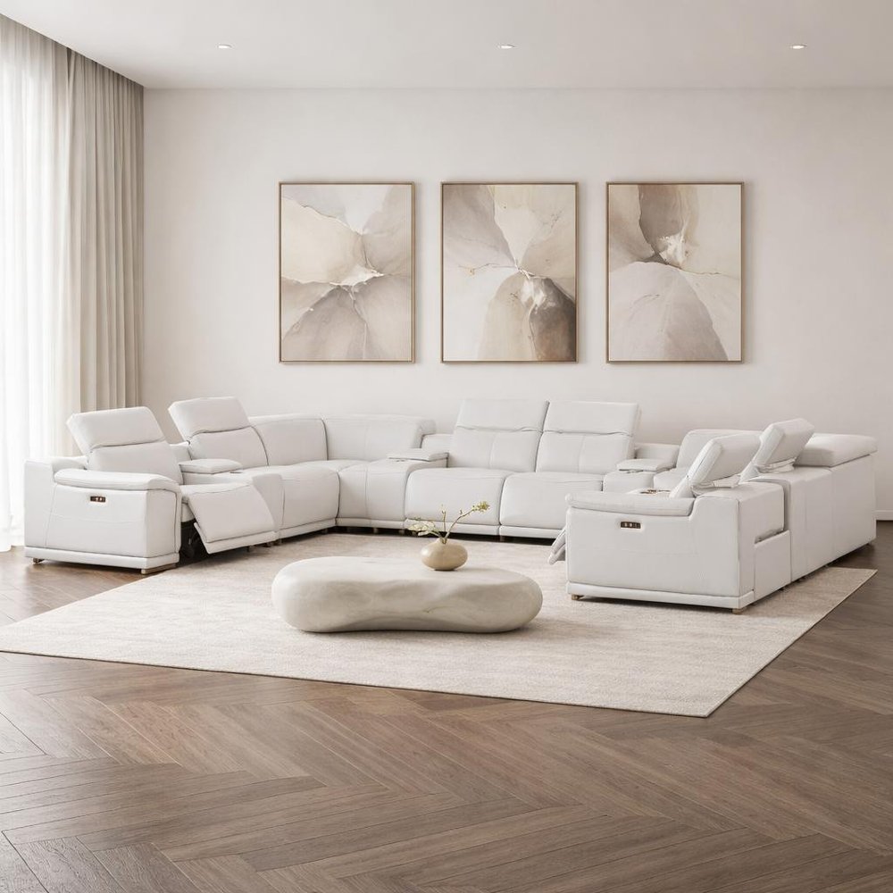 White Leather Power Reclining U Shaped Twelve Piece Corner Sectional With Console