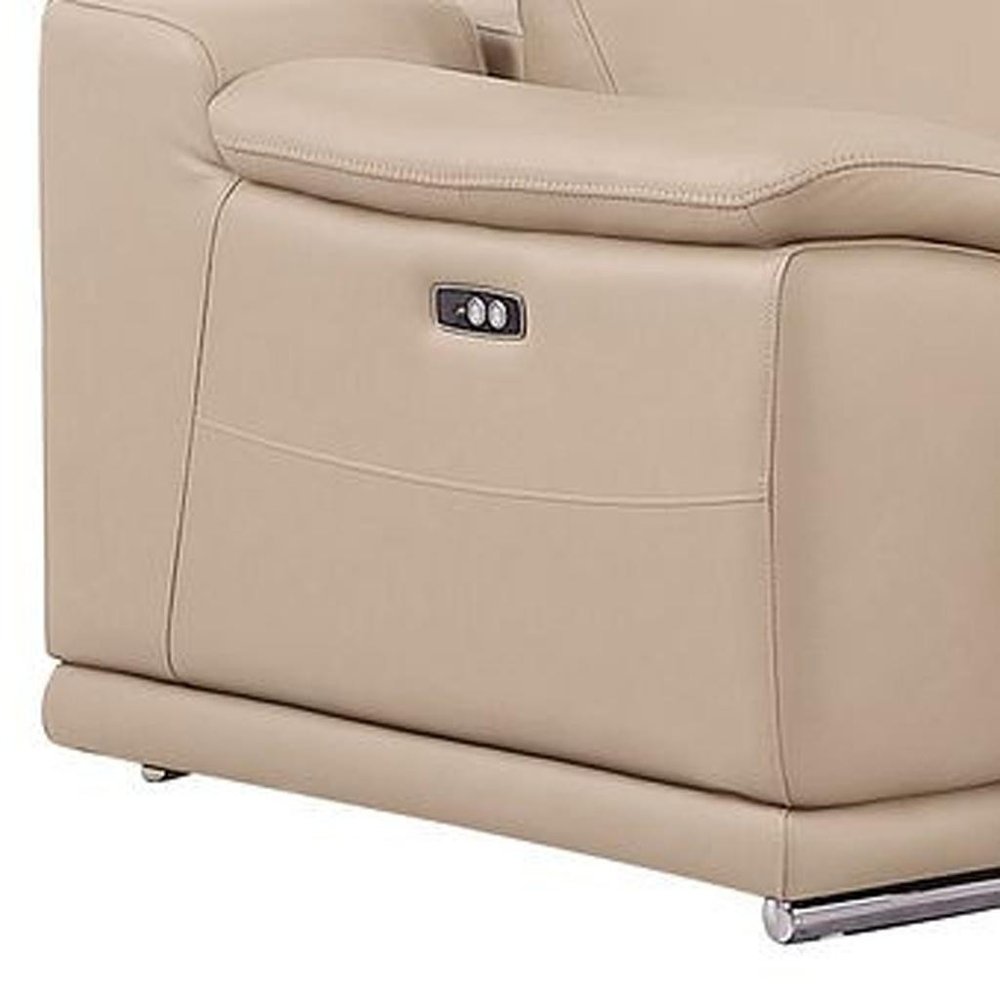 Beige Leather Power Reclining L Shaped Five Piece Corner Sectional