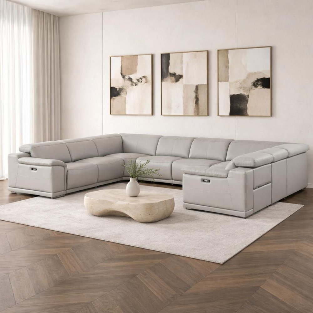 Ash Gray Leather Modular U Shaped Eight Piece Corner Sectional