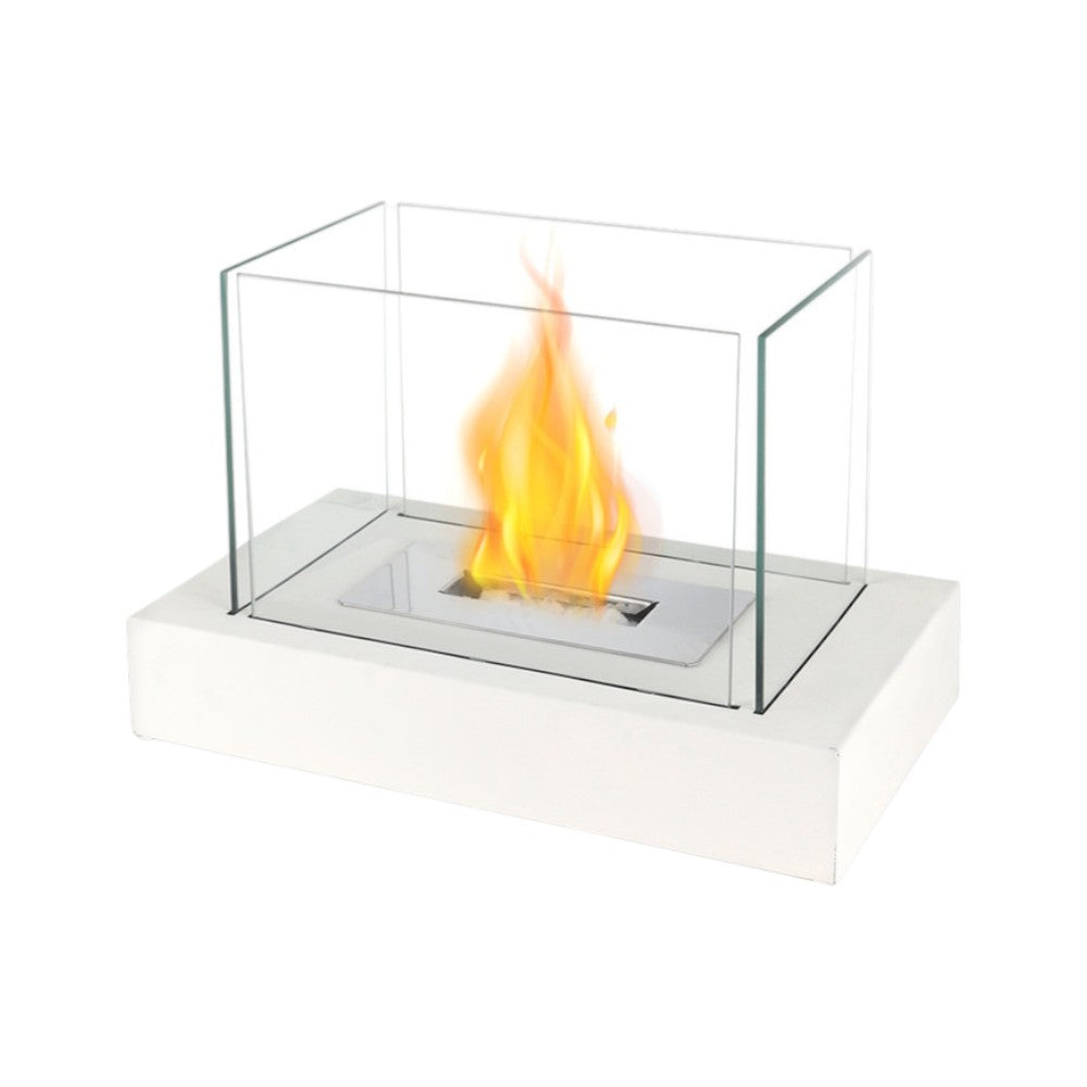 14" White And Clear Metal And Glass BioEthanol Portable Tabletop Firepit