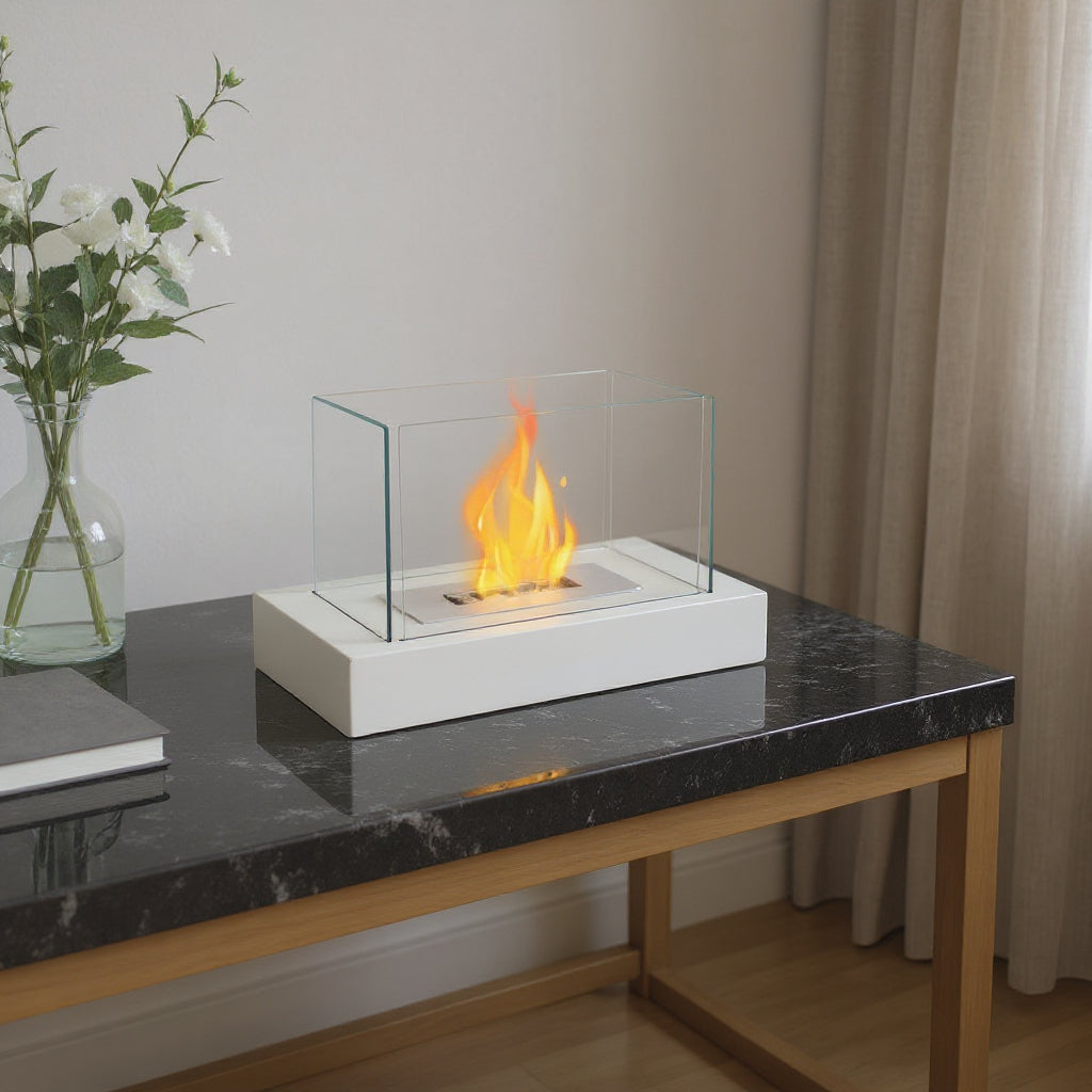 14" White And Clear Metal And Glass BioEthanol Portable Tabletop Firepit