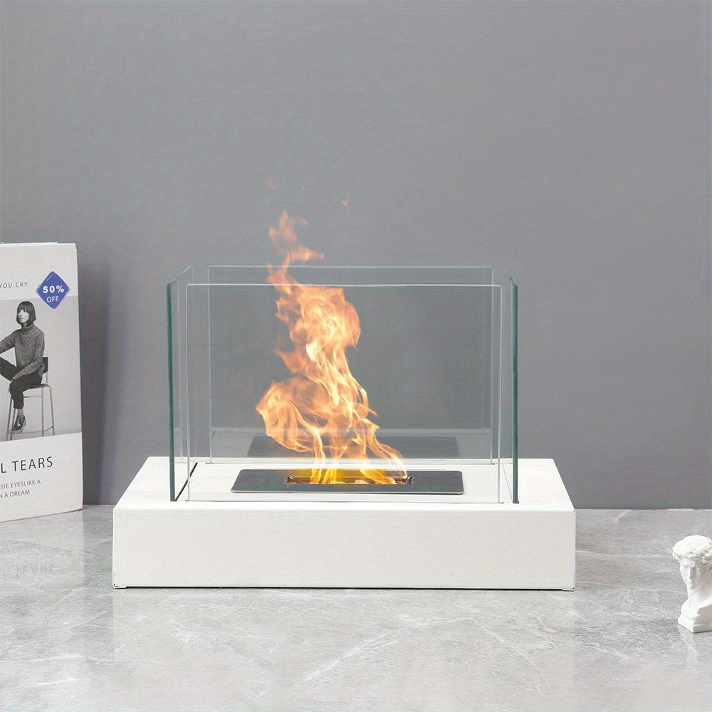 14" White And Clear Metal And Glass BioEthanol Portable Tabletop Firepit