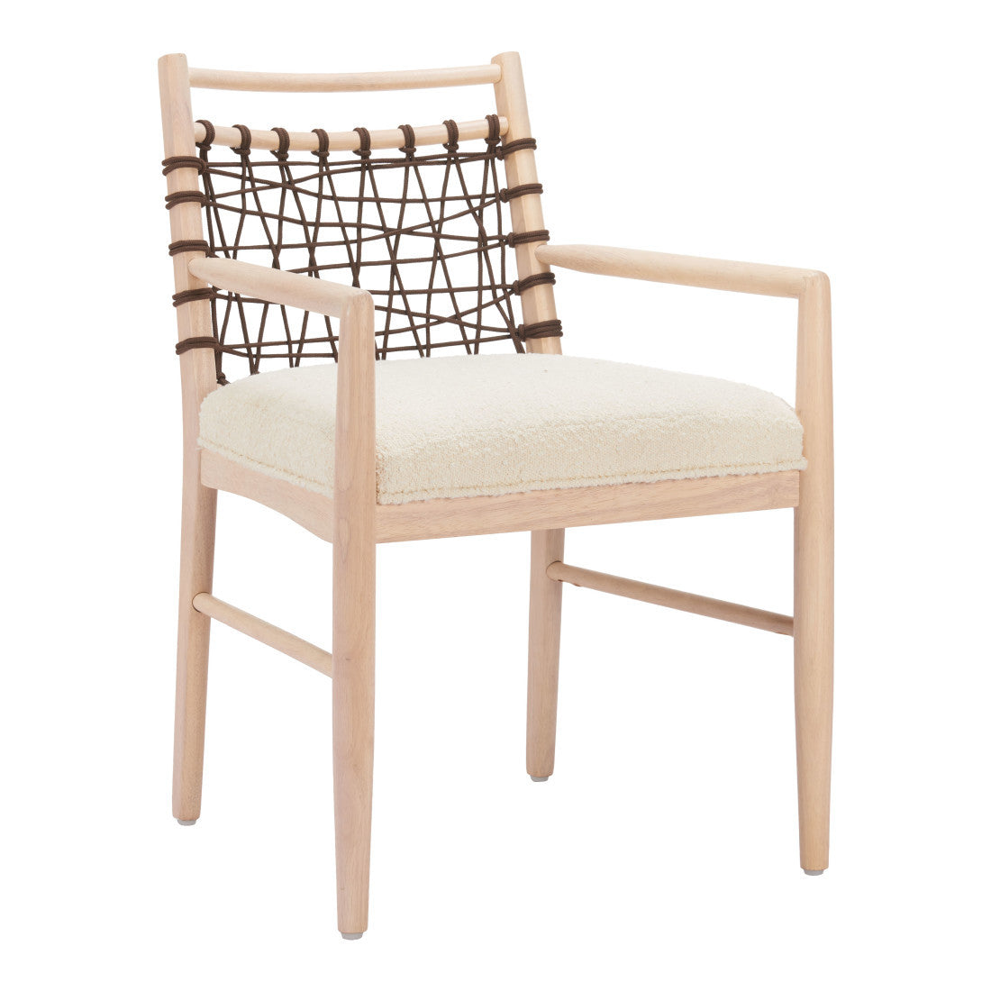 Set of Two Ivory And White Upholstered And Solid Wood Open Back Dining Arm Chairs