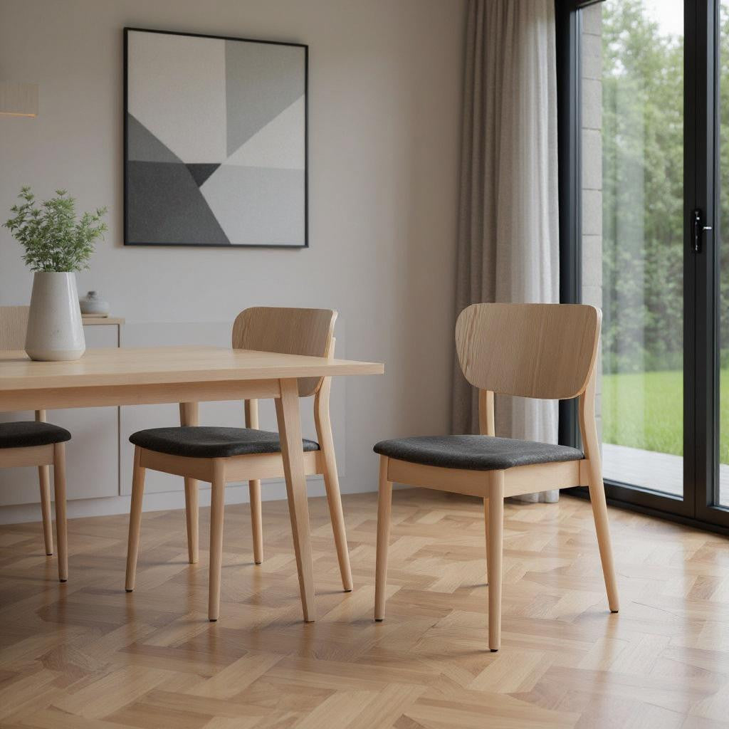 Set of Two Gray And Natural Faux Linen And Wood Open Back Dining Side Chairs