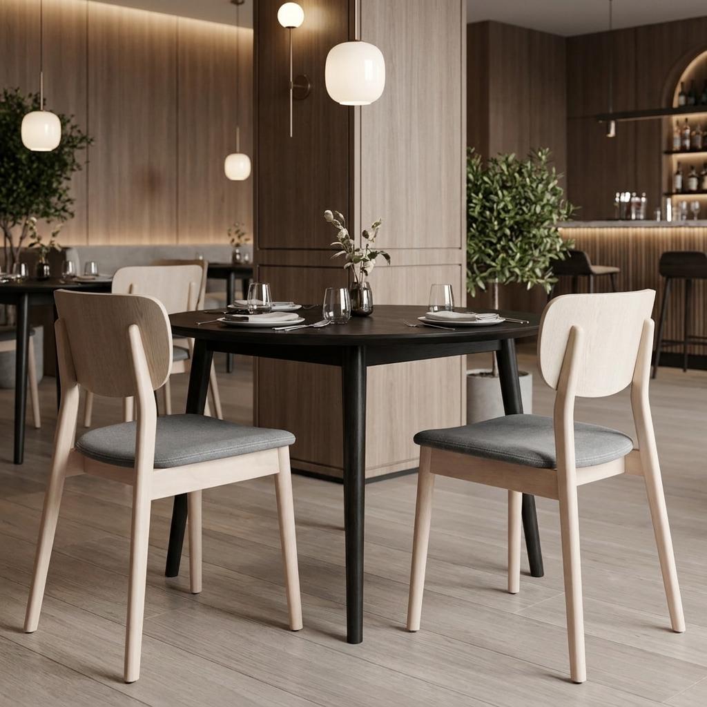 Set of Two Gray And Natural Faux Linen And Wood Open Back Dining Side Chairs