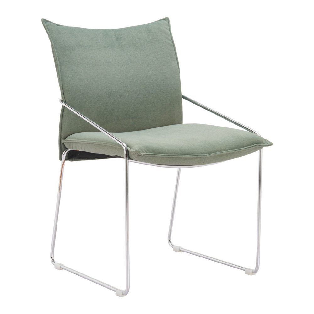 Set of Two Green and Silver Upholstered Dining Arm Chairs