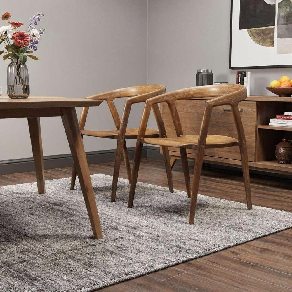 Set of Two Walnut and Brown Solid Wood Open Back Dining Arm Chairs
