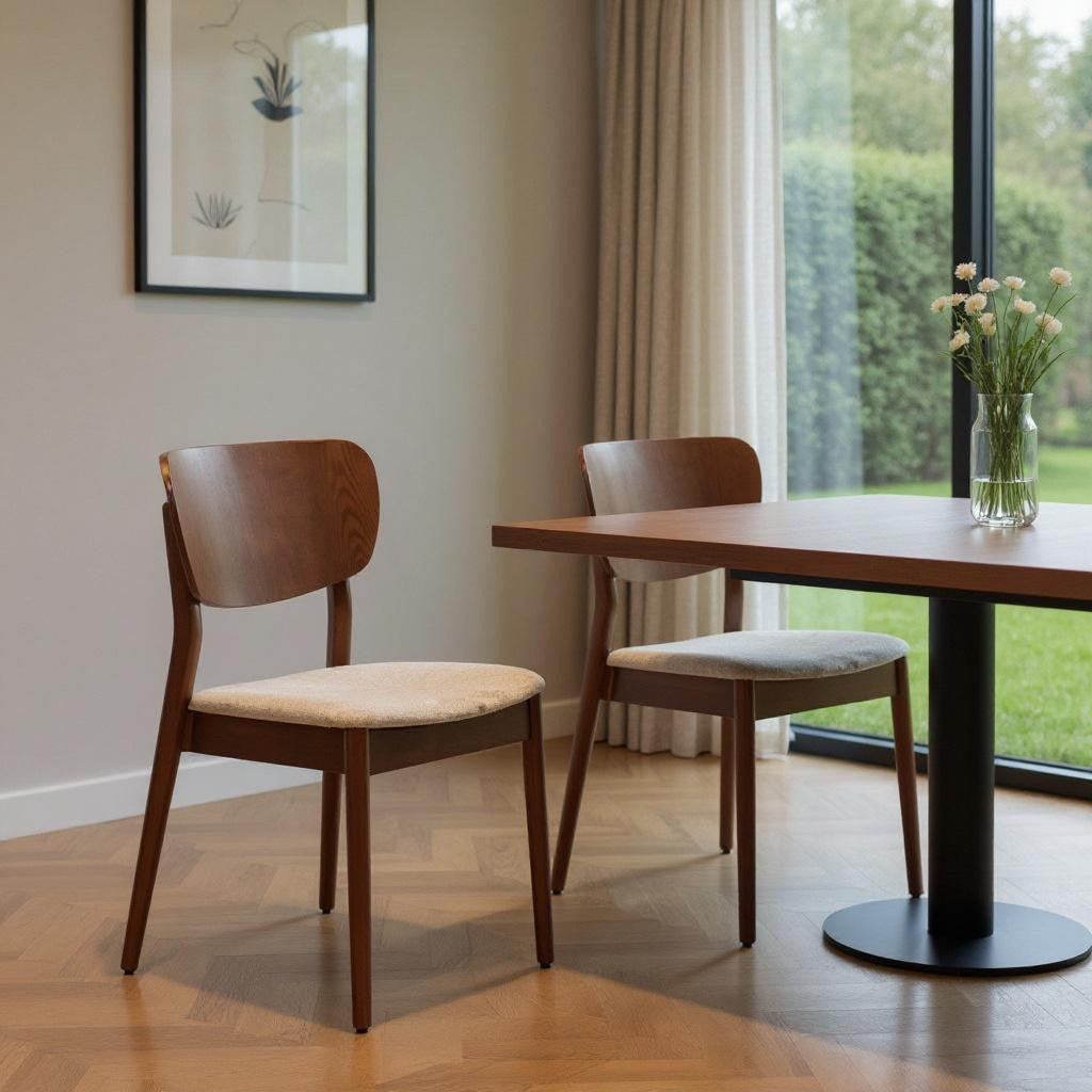 Set of Two Beige And Brown Faux Linen And Wood Open Back Dining Side Chairs