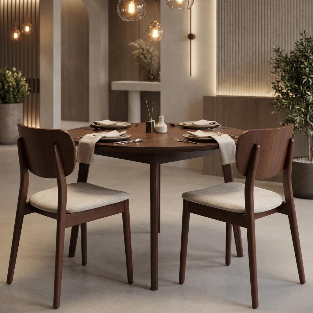 Set of Two Beige And Brown Faux Linen And Wood Open Back Dining Side Chairs