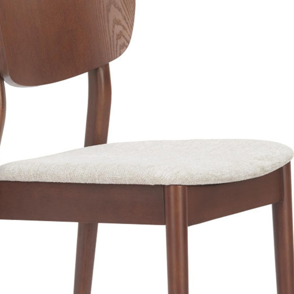 Set of Two Beige And Brown Faux Linen And Wood Open Back Dining Side Chairs