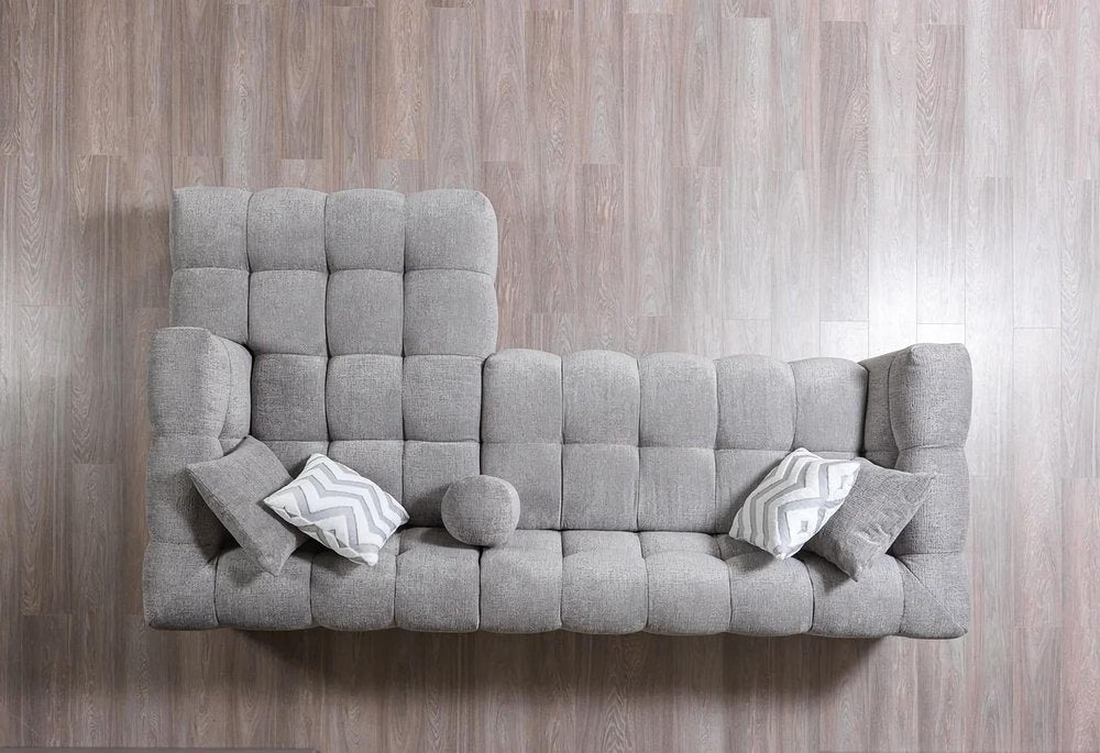 Light Gray Boucle L Shaped Two Piece Sofa and Chaise Sectional With Toss Pillows