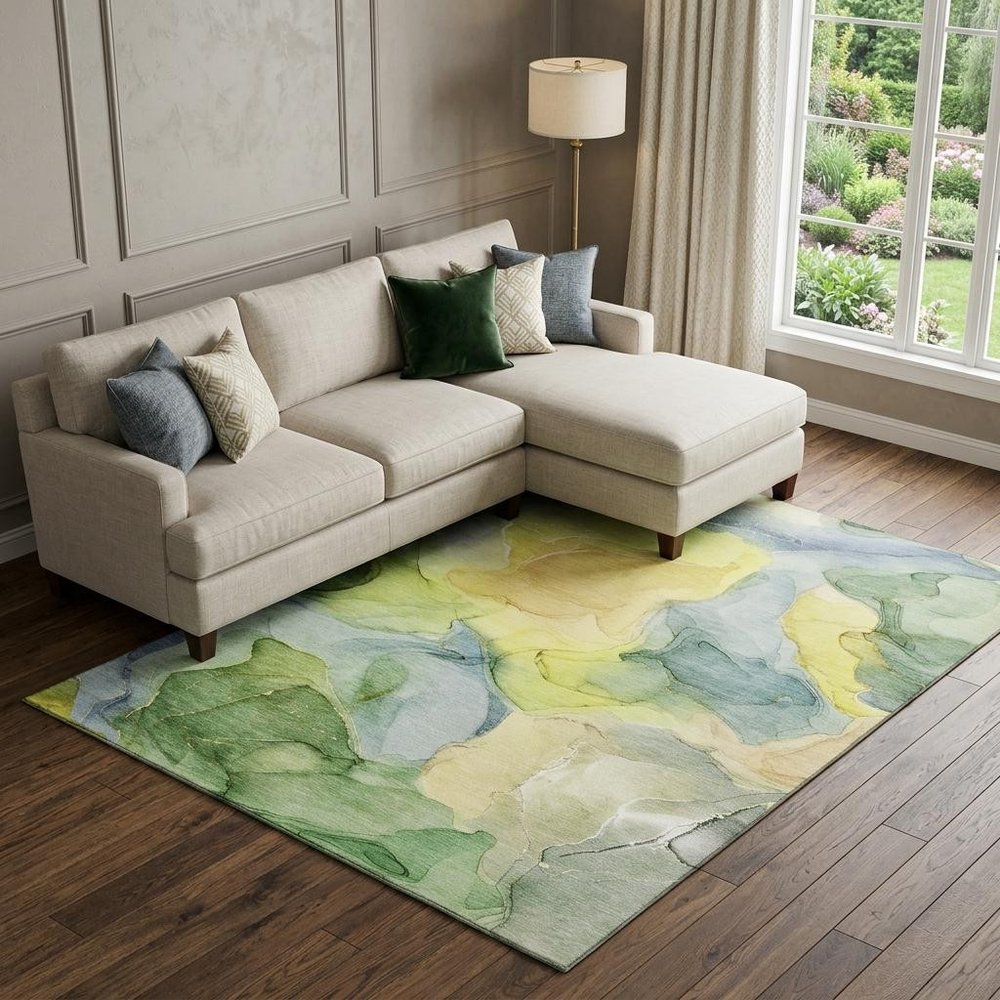 9' X 12' Yellow Blue And Beige Abstract Washable Area Rug With UV Protection