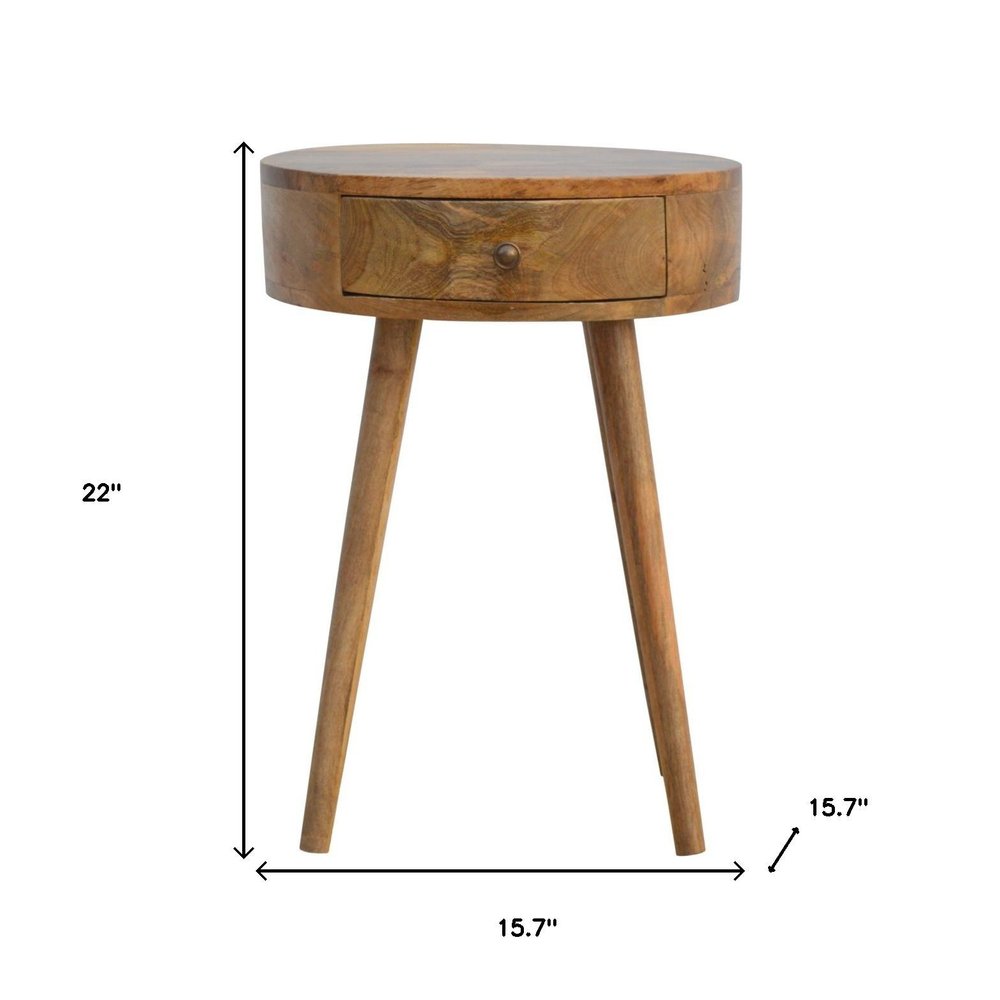 22" Natural Solid Wood Round One Drawer Nightstand
