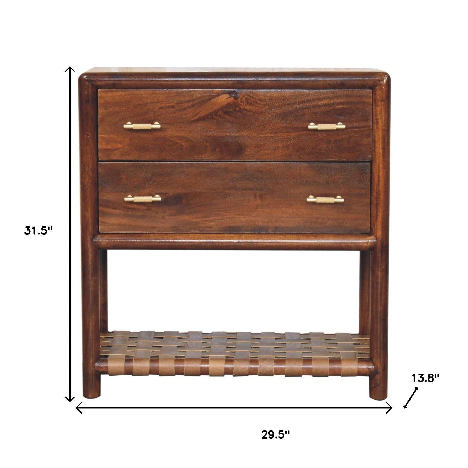 32" Brown Solid Wood Two Drawer Nightstand With Leather Shelf