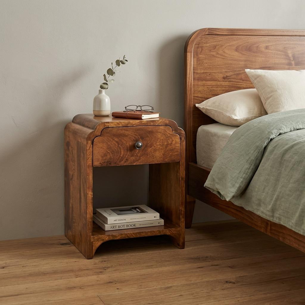 16" Chestnut Solid Wood One Drawer Scallop Edge Nightstand
