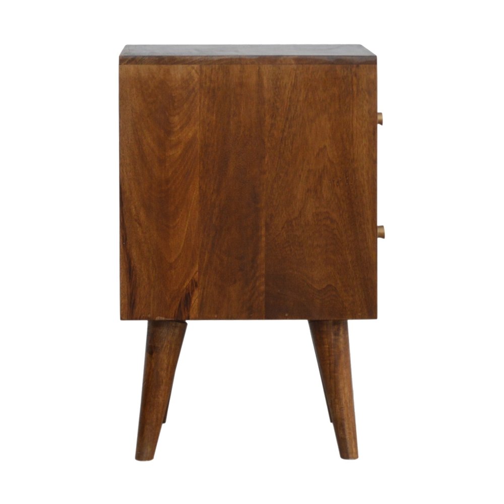 22" Chestnut Solid Wood Carved Geometric Two Drawer Nightstand
