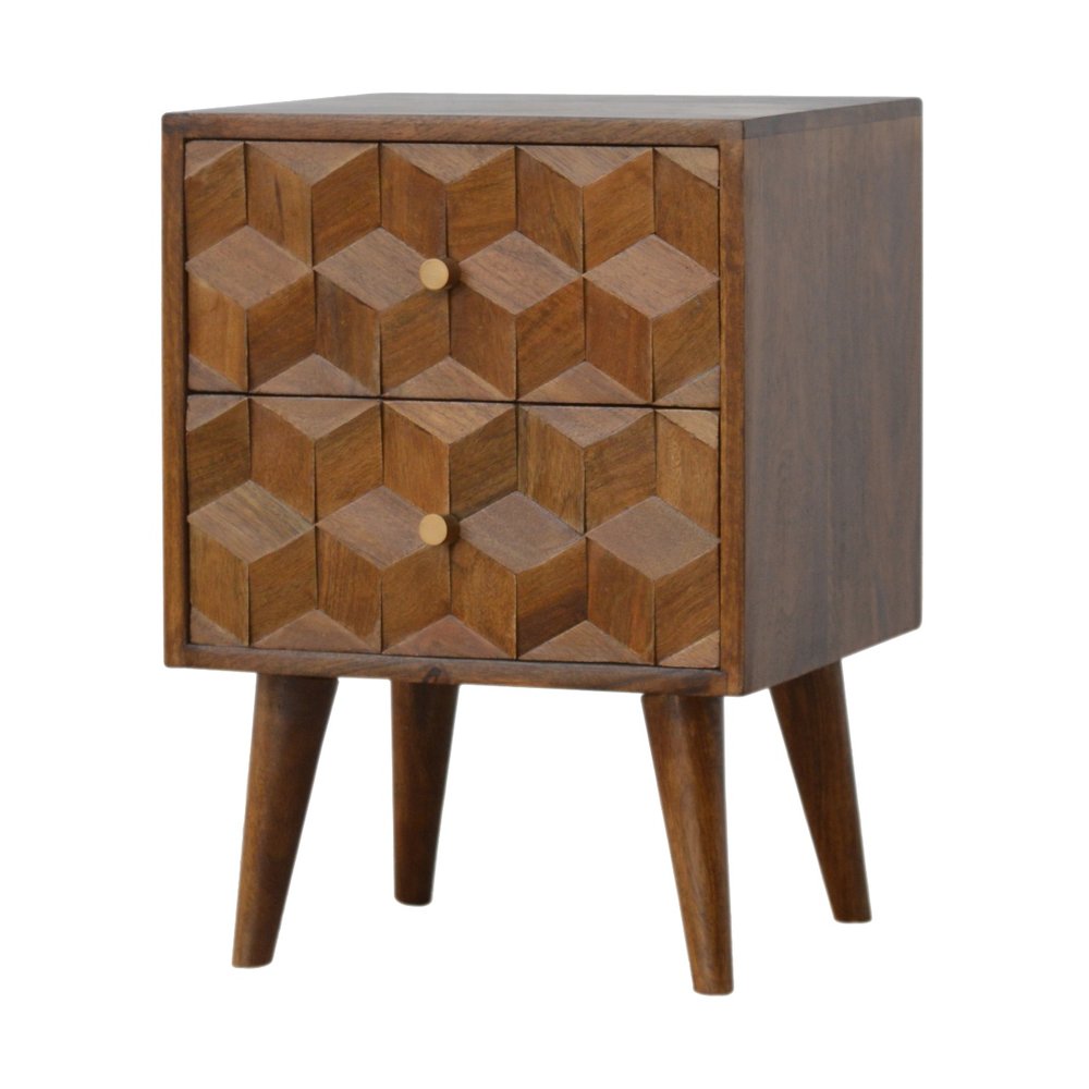 22" Chestnut Solid Wood Carved Geometric Two Drawer Nightstand