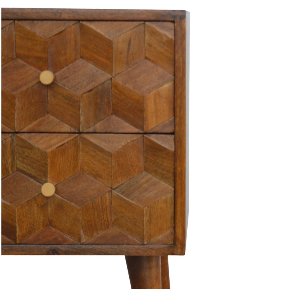 22" Chestnut Solid Wood Carved Geometric Two Drawer Nightstand