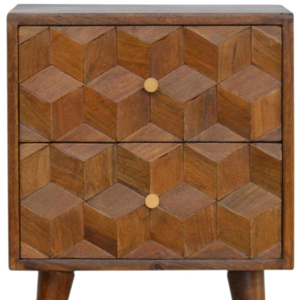 22" Chestnut Solid Wood Carved Geometric Two Drawer Nightstand
