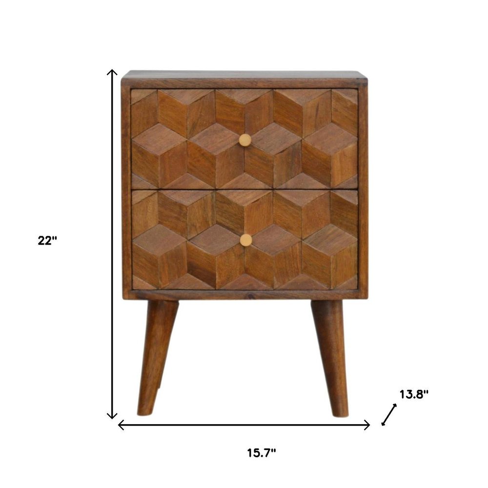 22" Chestnut Solid Wood Carved Geometric Two Drawer Nightstand