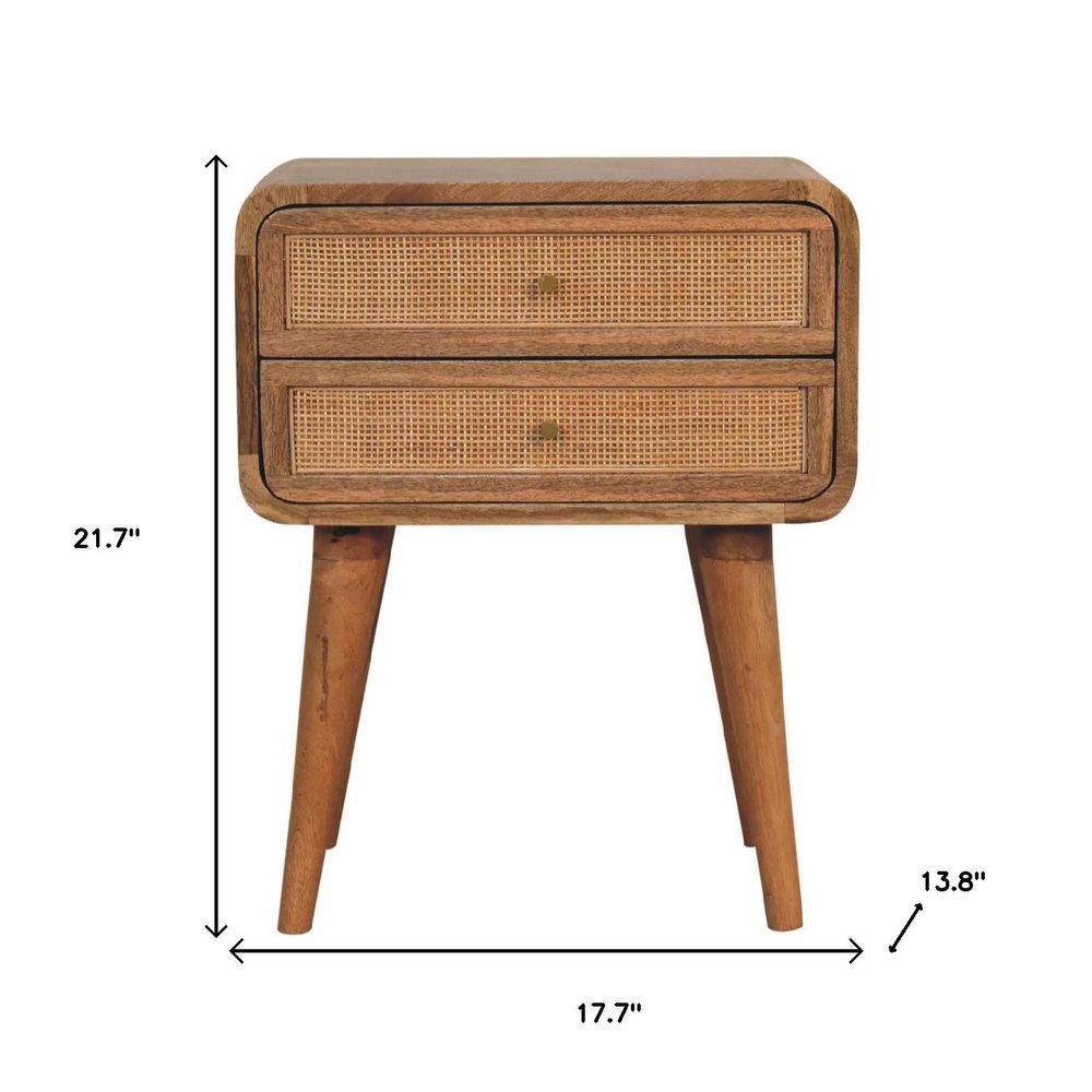 22" Oak Solid Wood And Cane Rattan Two Drawer Nightstand