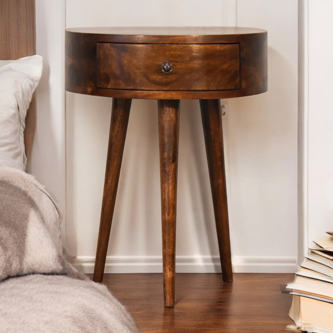 21" Brown Solid Wood Round One Drawer Nightstand