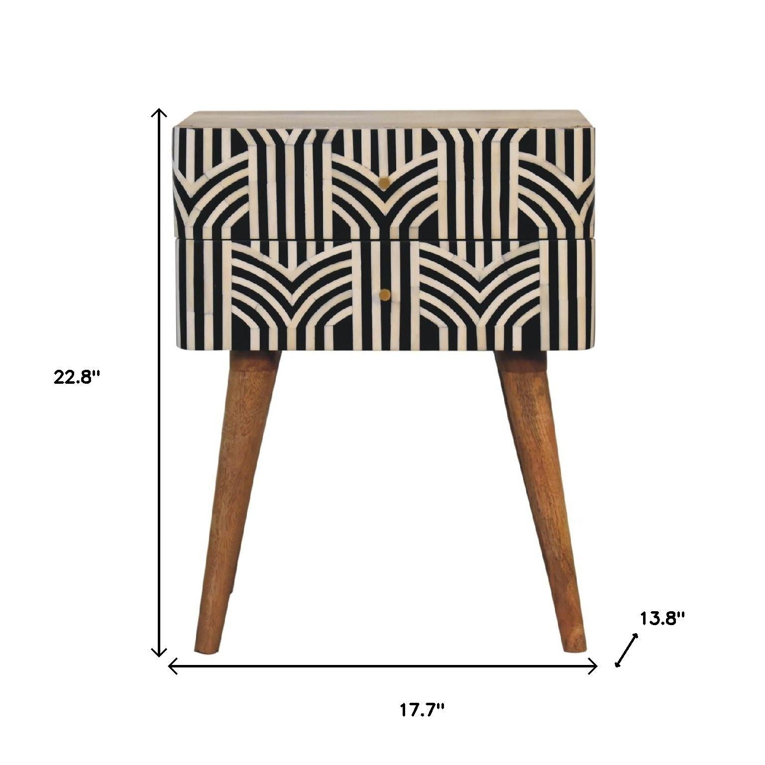 23" Black Ivory And Light Brown Solid Wood Geometric Bone Inlay Two Drawer Nightstand