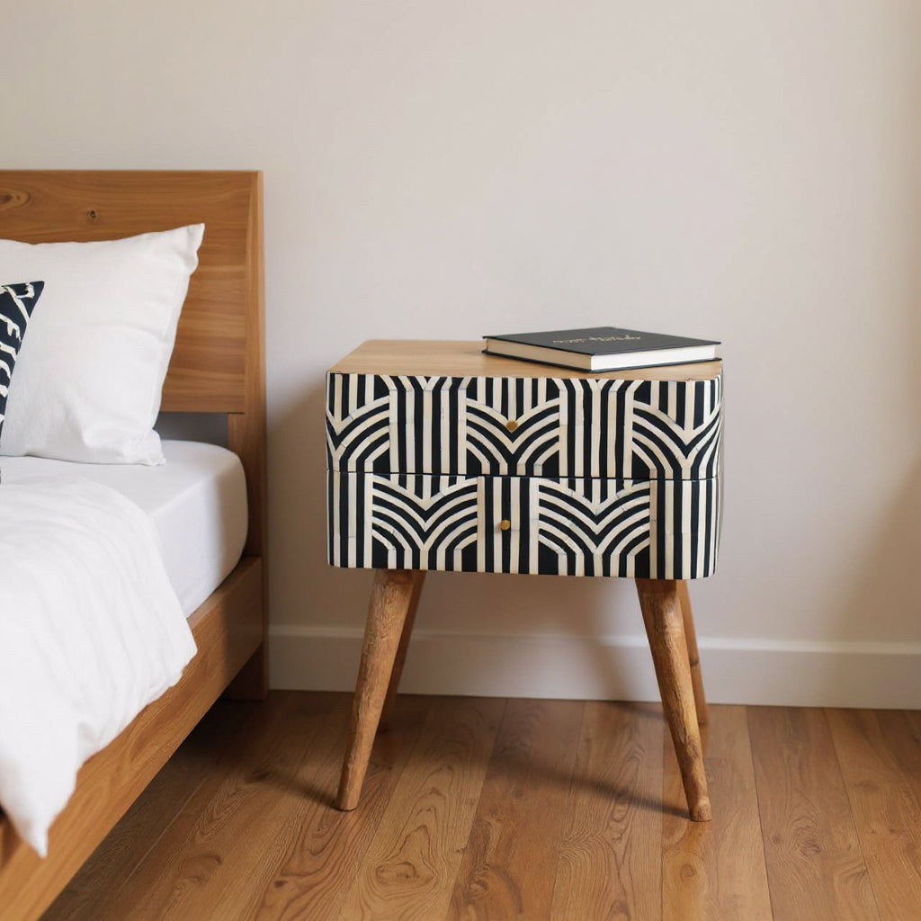 23" Black Ivory And Light Brown Solid Wood Geometric Bone Inlay Two Drawer Nightstand