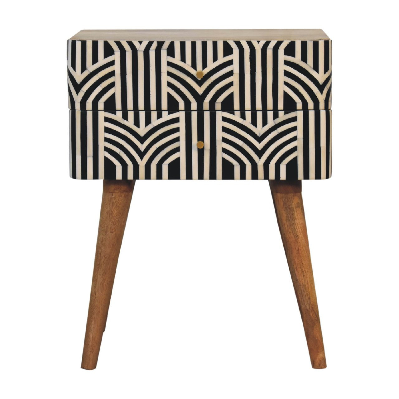 23" Black Ivory And Light Brown Solid Wood Geometric Bone Inlay Two Drawer Nightstand