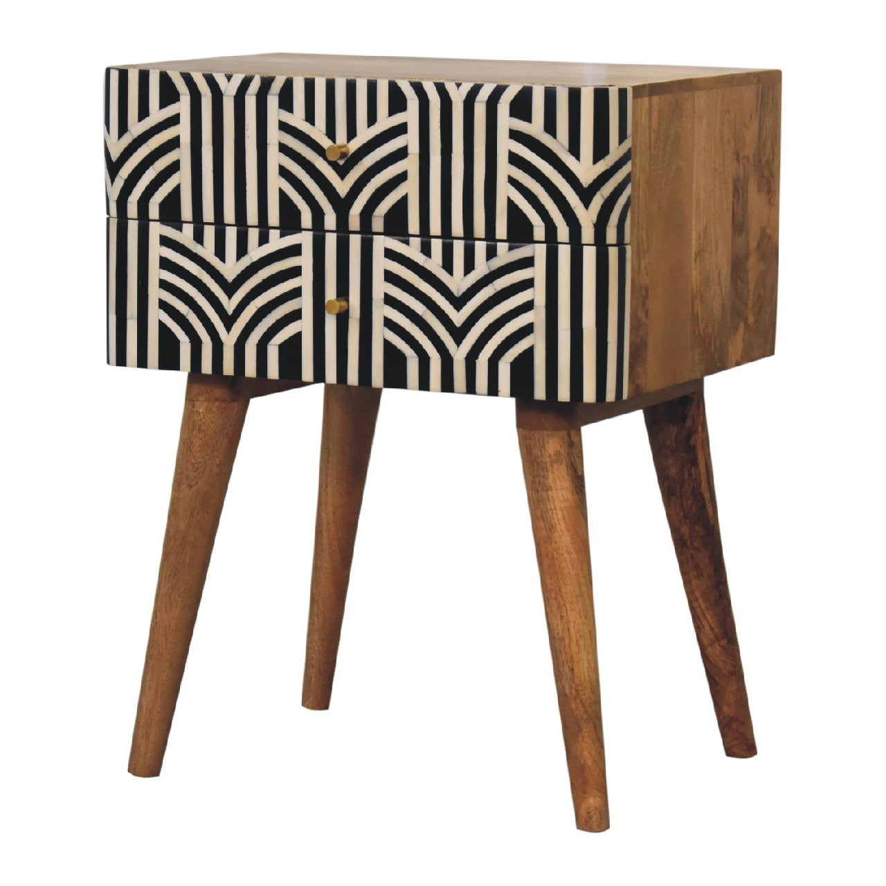 23" Black Ivory And Light Brown Solid Wood Geometric Bone Inlay Two Drawer Nightstand