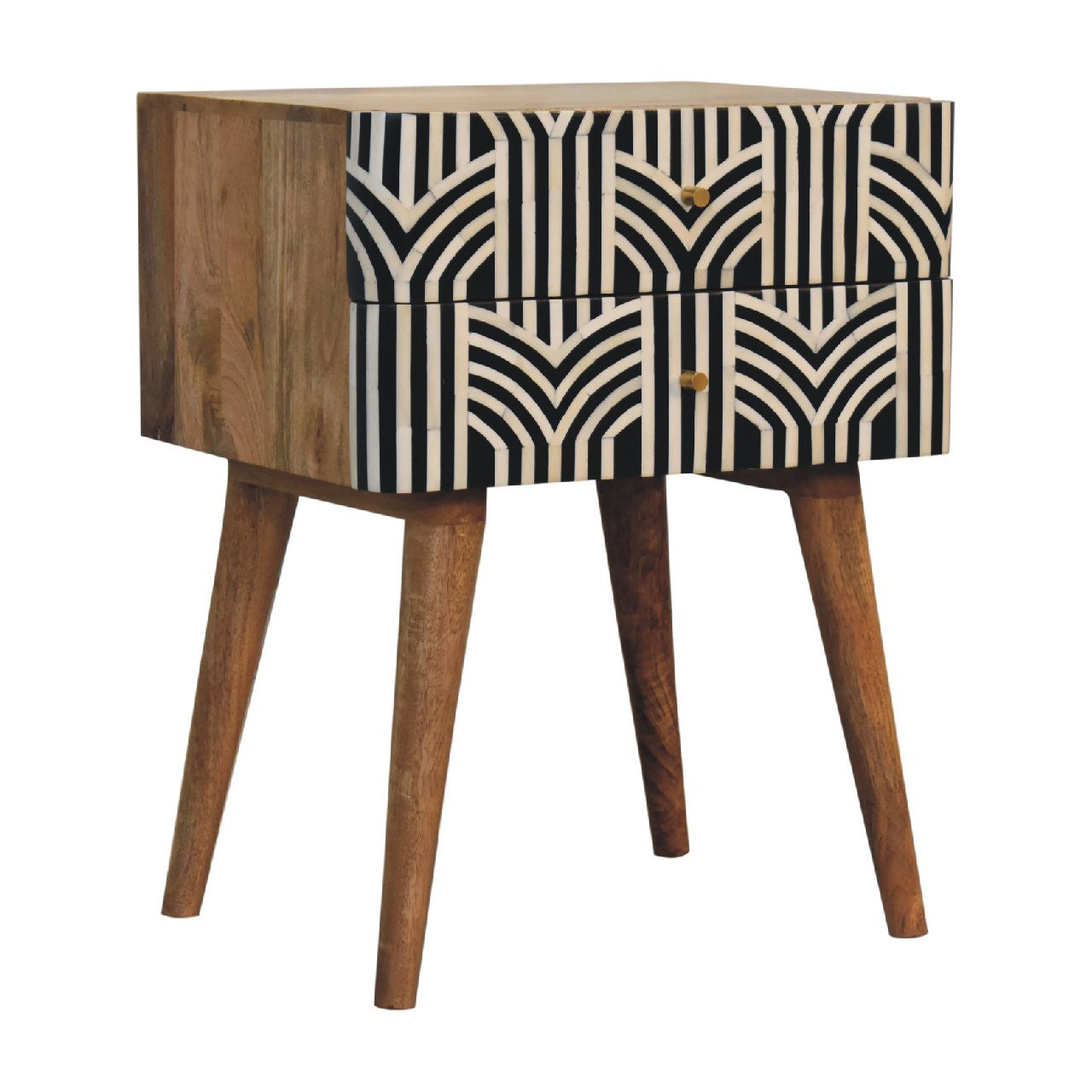 23" Black Ivory And Light Brown Solid Wood Geometric Bone Inlay Two Drawer Nightstand